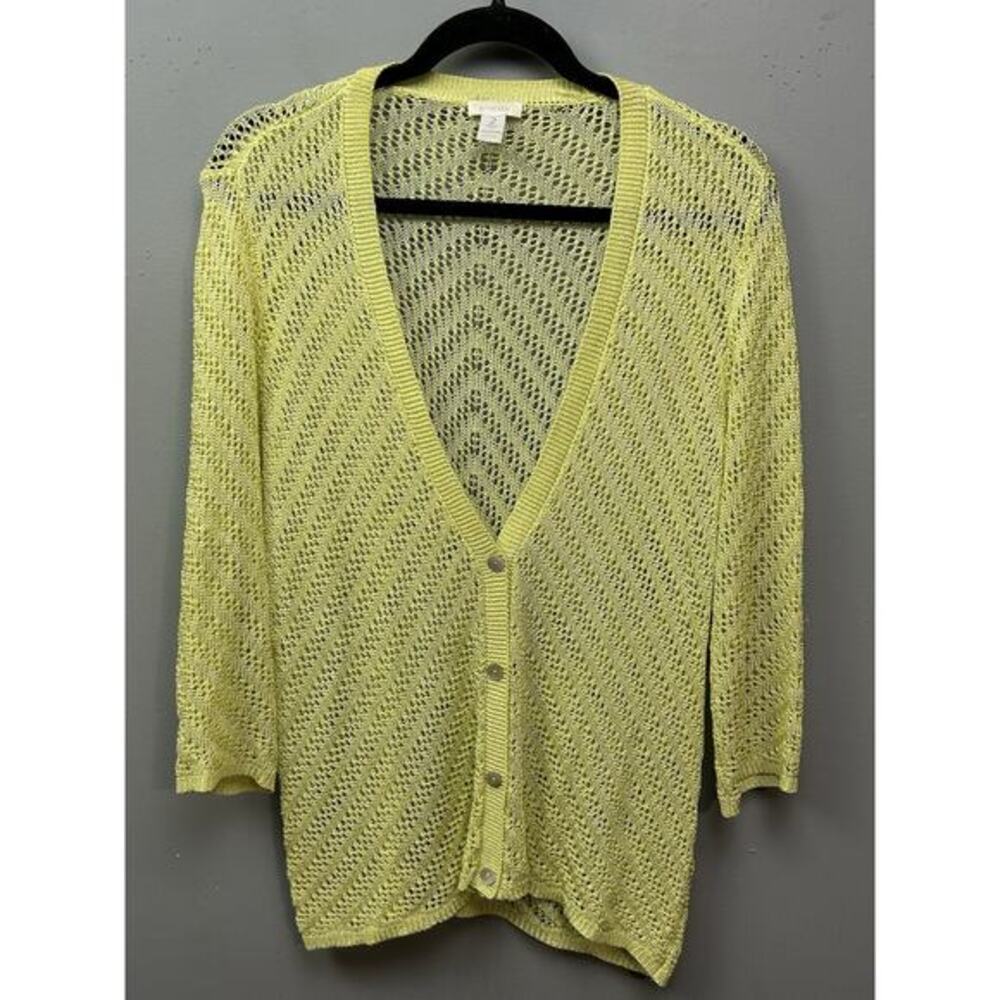 Chico's Open Knit Button front Sweater Cardigan Womens 2 Large Yellow Bright